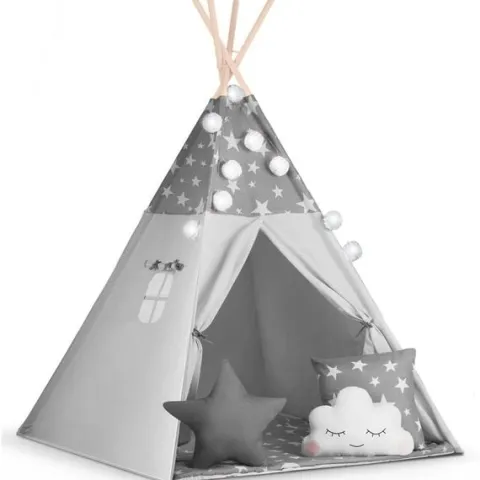 Namiot tipi dla dzieci z girlandą i światełkami Nukido - szare w gwiazdki