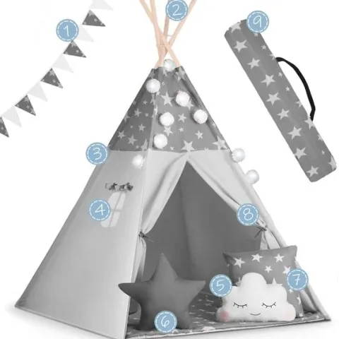 Namiot tipi dla dzieci z girlandą i światełkami Nukido - szare w gwiazdki