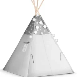 Namiot tipi dla dzieci z girlandą i światełkami Nukido - szare w gwiazdki