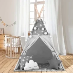 Namiot tipi dla dzieci z girlandą i światełkami Nukido - szare w gwiazdki
