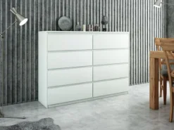 NOWOCZESNA BIAŁA KOMODA 8 SZUFLAD 140CM DO SALONU SYPIALNI