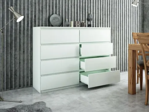 NOWOCZESNA BIAŁA KOMODA 8 SZUFLAD 140CM DO SALONU SYPIALNI