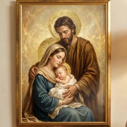 Obraz Święta Rodzina w Złotej Drewnianej Ramie Duży 50x70 Prezent na Ślub