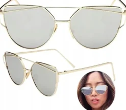Okulary złote glam kocie oko metalowe damskie boho UV400 Lustrzanki Gold