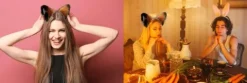 Opaska kocie uszy futrzane różowe z białymi środkami miękkie strój bal karnawałowy cosplay