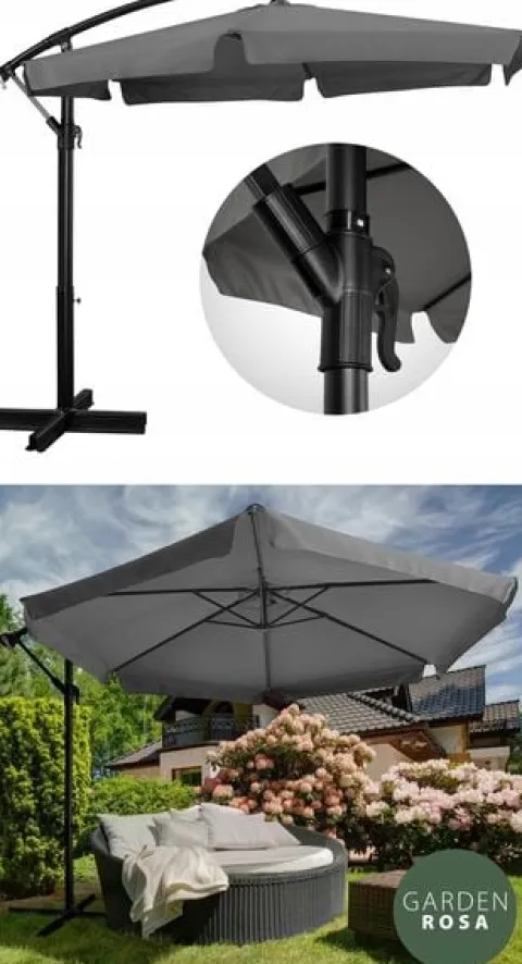 PARASOL OGRODOWY DUŻY SKŁADANY Z WYSIĘGNIKIEM FALBANĄ SOLIDNY 350cm SOLIDNY