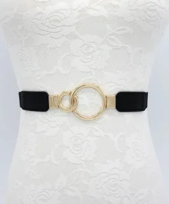 Pasek wąski dwa koła Damski do sukienki Elastyczny H72_Czarny