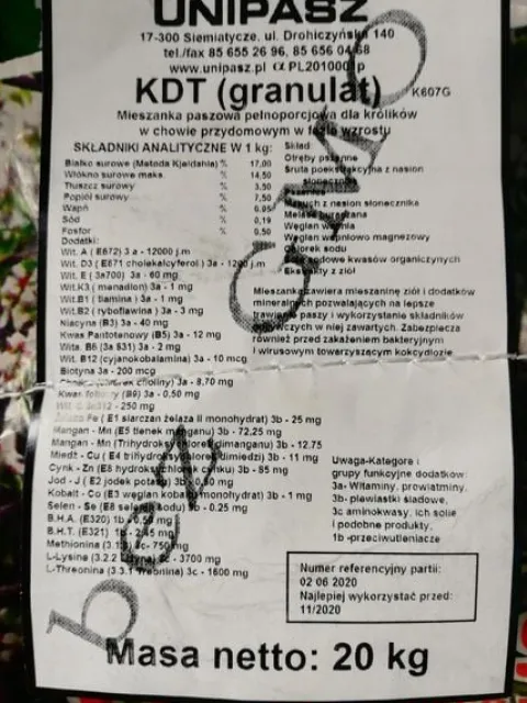 Pasza, karma dla królików w tuczu KDT UNIPASZ 20kg