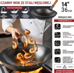 Patelnia wok azjatycka 36 cm czarna – stal węglowa, na gaz, okrągłe dno, BB
