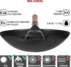 Patelnia wok azjatycka 36 cm czarna – stal węglowa, na gaz, okrągłe dno, BB