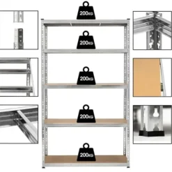 Regał metalowy z 5 półkami 205x120x45 cm 1000 kg do garażu, piwnicy spiżarni regulowany