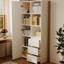 Regał na książki biurowy 3 szuflady nowoczesny loft biały wysoki z półkami
