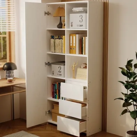 Regał na książki biurowy 3 szuflady nowoczesny loft biały wysoki z półkami