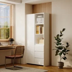 Regał na książki biurowy 3 szuflady nowoczesny loft biały wysoki z półkami