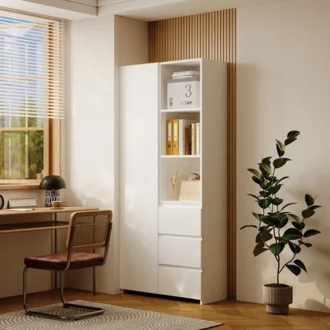 Regał na książki biurowy 3 szuflady nowoczesny loft biały wysoki z półkami