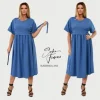 Sasha Ferrano dłuższa sukienka z lnem ANI Plus size UNI do 54/56 niebieska