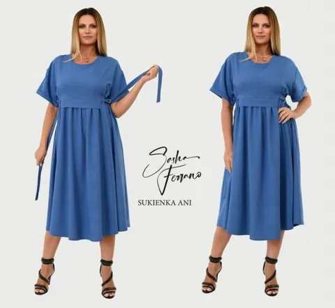 Sasha Ferrano dłuższa sukienka z lnem ANI Plus size UNI do 54/56 niebieska