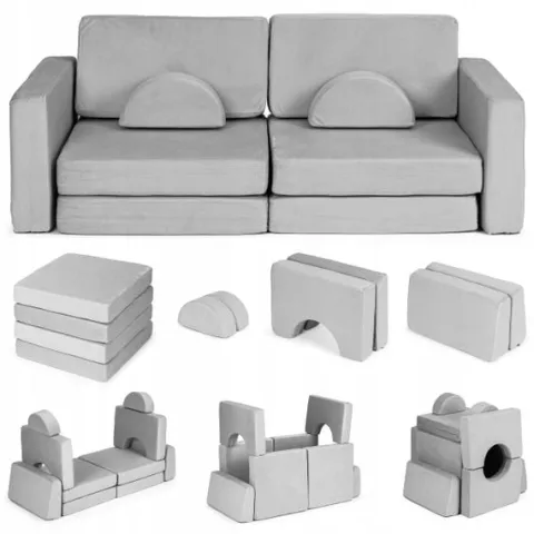Sofa Składana Modułowa dla Dzieci Duża 2 Osobowa 10 Miękkich Poduch - Szara