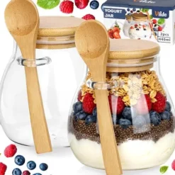 Słoik na jogurt i desery z pokrywką i łyżeczką bambusową 440 ml 2 szt.