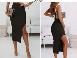 Spódnica ołówkowa prążkowana z rozcięciem dopasowana prążek modna L/XL