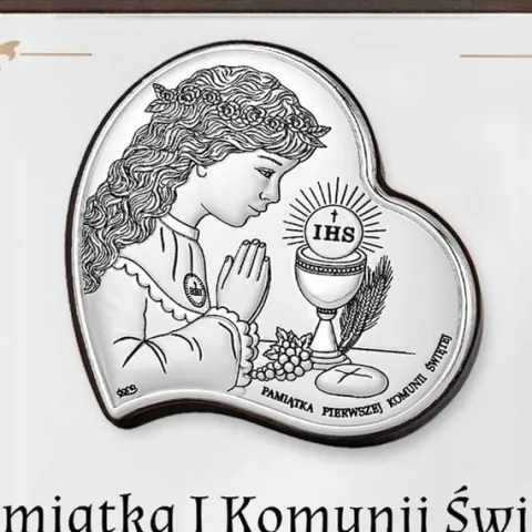 Srebrny obrazek prezent na KOMUNIĘ dla dziewczynki z NADRUKIEM