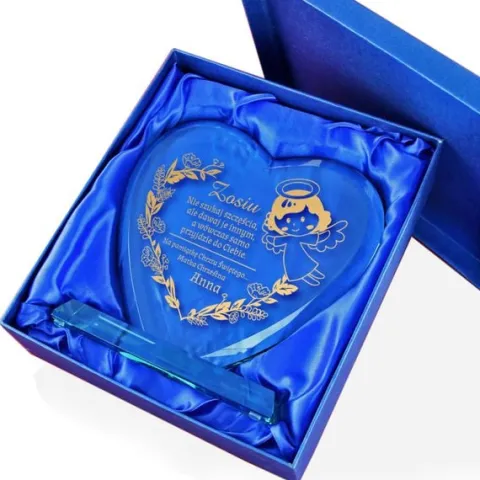 STATUETKA SERCE ze szkła PREZENT na CHRZEST złoty GRAWER ANIOŁKA