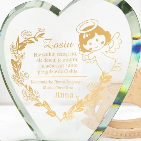 STATUETKA SERCE ze szkła PREZENT na CHRZEST złoty GRAWER ANIOŁKA