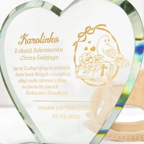 STATUETKA SERCE ze szkła prezent na CHRZEST pamiątka chrztu GRAWER