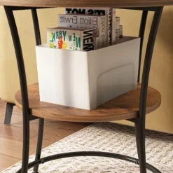 Stolik kawowy ława okrągły z półką brąz loft 55 cm
