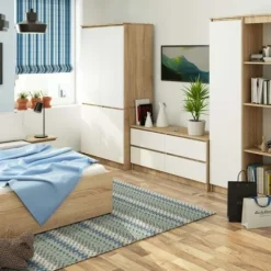 Szafa do sypialni 90 cm 4 drzwi 4 półki - dąb sonoma biała