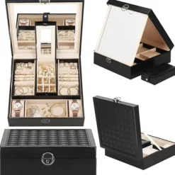 Szkatułka na biżuterię ekoskóra 25 x 25 x 8,5 cm czarny organizer z przegródkami i lusterkiem