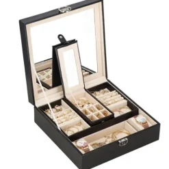Szkatułka na biżuterię ekoskóra 25 x 25 x 8,5 cm czarny organizer z przegródkami i lusterkiem