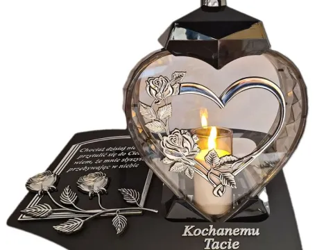 TATA TACIE ZNICZ LAMPION NA GRÓB SERCE I SERCE SREBRO SKOS SENTENCJA+ŚWIECA
