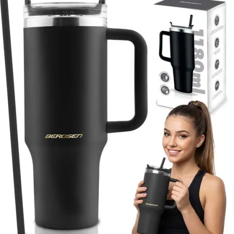 Termos próżniowy kubek ze słomką 1180 ml Berdsen czarny