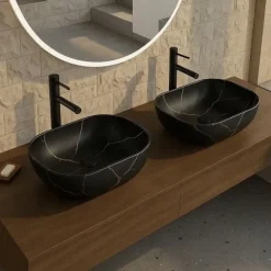 UMYWALKA NABLATOWA CZARNY MAT MARMUR Z ŻYŁKAMI OWALNA CERAMICZNA 46,5x33 CM