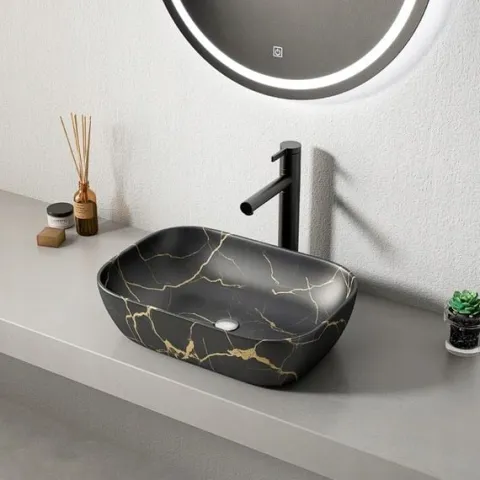 UMYWALKA NABLATOWA CZARNY MAT MARMUR Z ŻYŁKAMI OWALNA CERAMICZNA 46,5x33 CM