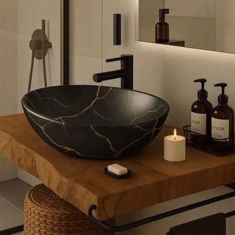 Umywalka nablatowa czarny mat marmur z żyłkami owalna ceramiczna 41x34,5 cm