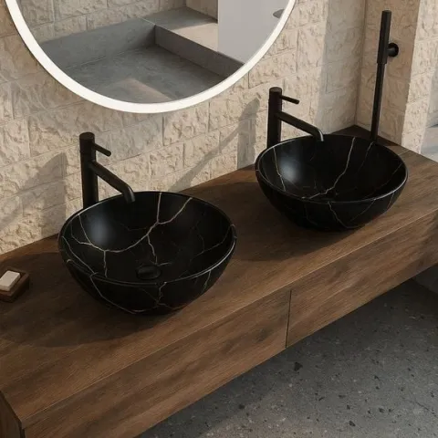 Umywalka nablatowa czarny mat marmur z żyłkami owalna ceramiczna 41x34,5 cm