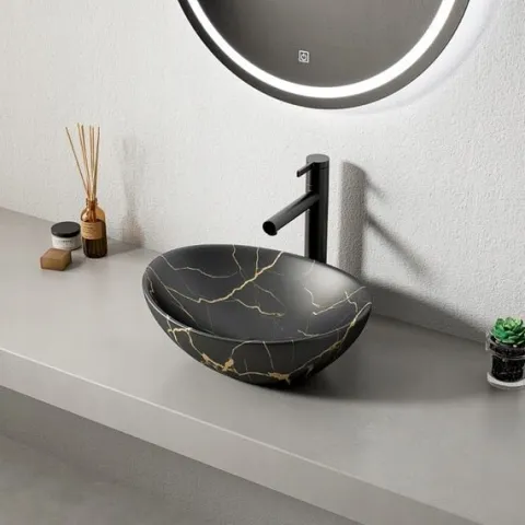 Umywalka nablatowa czarny mat marmur z żyłkami owalna ceramiczna 41x34,5 cm