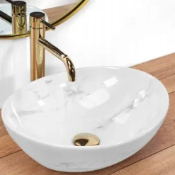 Umywalka Nablatowa Owalna Marmurowa Biała Ceramiczna Rea Sofia Marble 41 cm