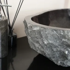 Umywalka z kamienia czarna naturalny zlew 60 cm kamienny