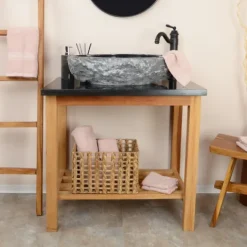 Umywalka z kamienia czarna naturalny zlew 60 cm kamienny