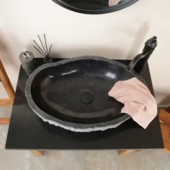 Umywalka z kamienia czarna naturalny zlew 60 cm kamienny