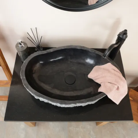 Umywalka z kamienia czarna naturalny zlew 60 cm kamienny