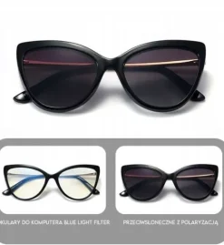 2W1 Kocie Damskie OKULARY do KOMPUTERA + Nakładka przeciwsłoneczna CLIP-ON