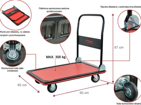 WÓZEK MAGAZYNOWY TRANSPORTOWY NAC UDŹWIG 300 KG PEŁNE KOŁA 125 MM SKŁADANY