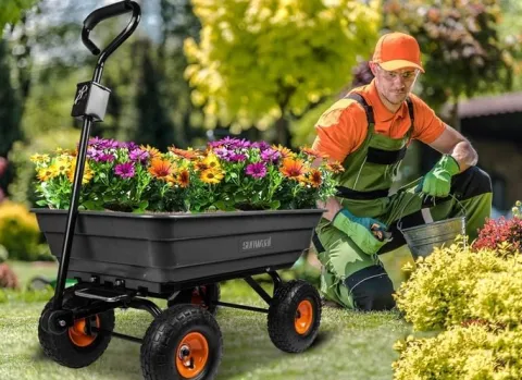 WÓZEK OGRODOWY TRANSPORTOWY PRZYCZEPKA TACZKA POMPOWANE KOŁA DO 300KG 75L