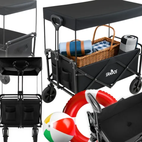 WÓZEK PLAŻOWY Z DASZKIEM PRZYCZEPKA 100KG CZARNA SKŁADANY NA WAKACJE PLAŻA