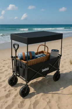 WÓZEK PLAŻOWY Z DASZKIEM PRZYCZEPKA 100KG CZARNA SKŁADANY NA WAKACJE PLAŻA