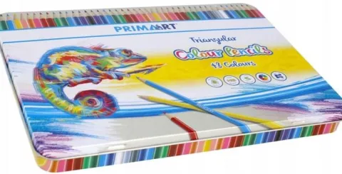 48x KOLORÓW KREDKI TRÓJKĄTNE W OPRAWIE DREWNIANEJ PREMIUM METALOWE PUDEŁKO